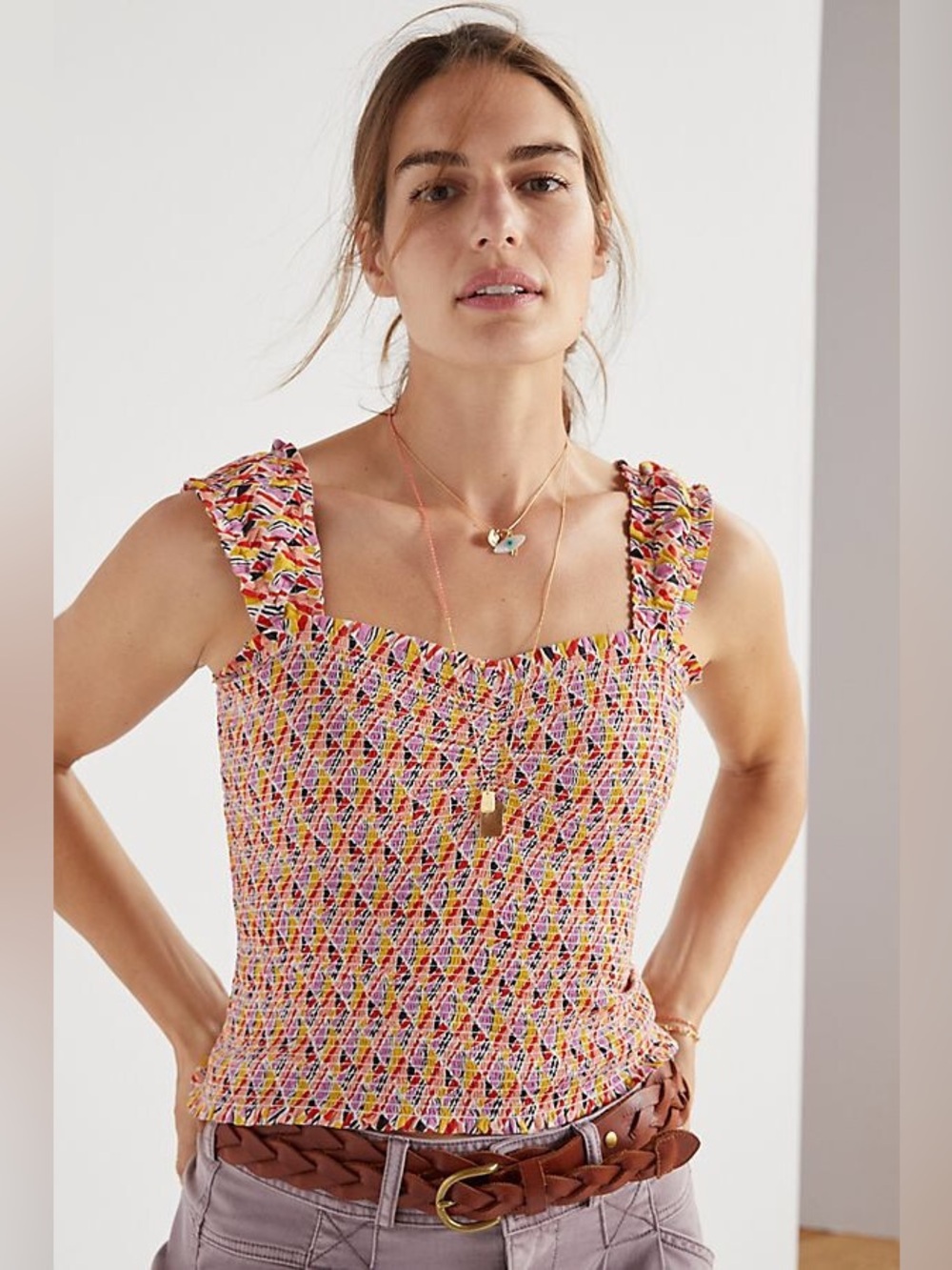 Anthropologie Maeve Smocked Ruffle Strap Tank Top Large